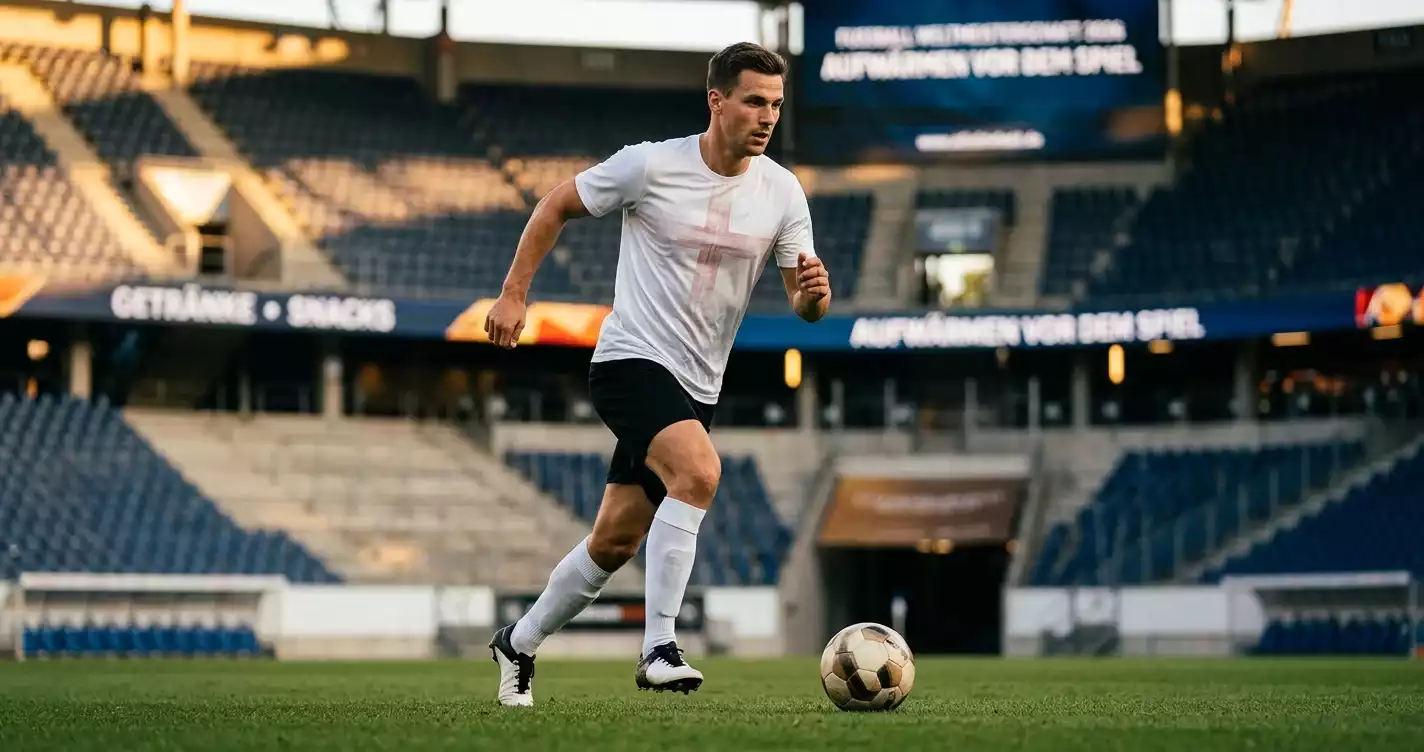 Englischer Spieler im Trikot vor Stadion-Hintergrund