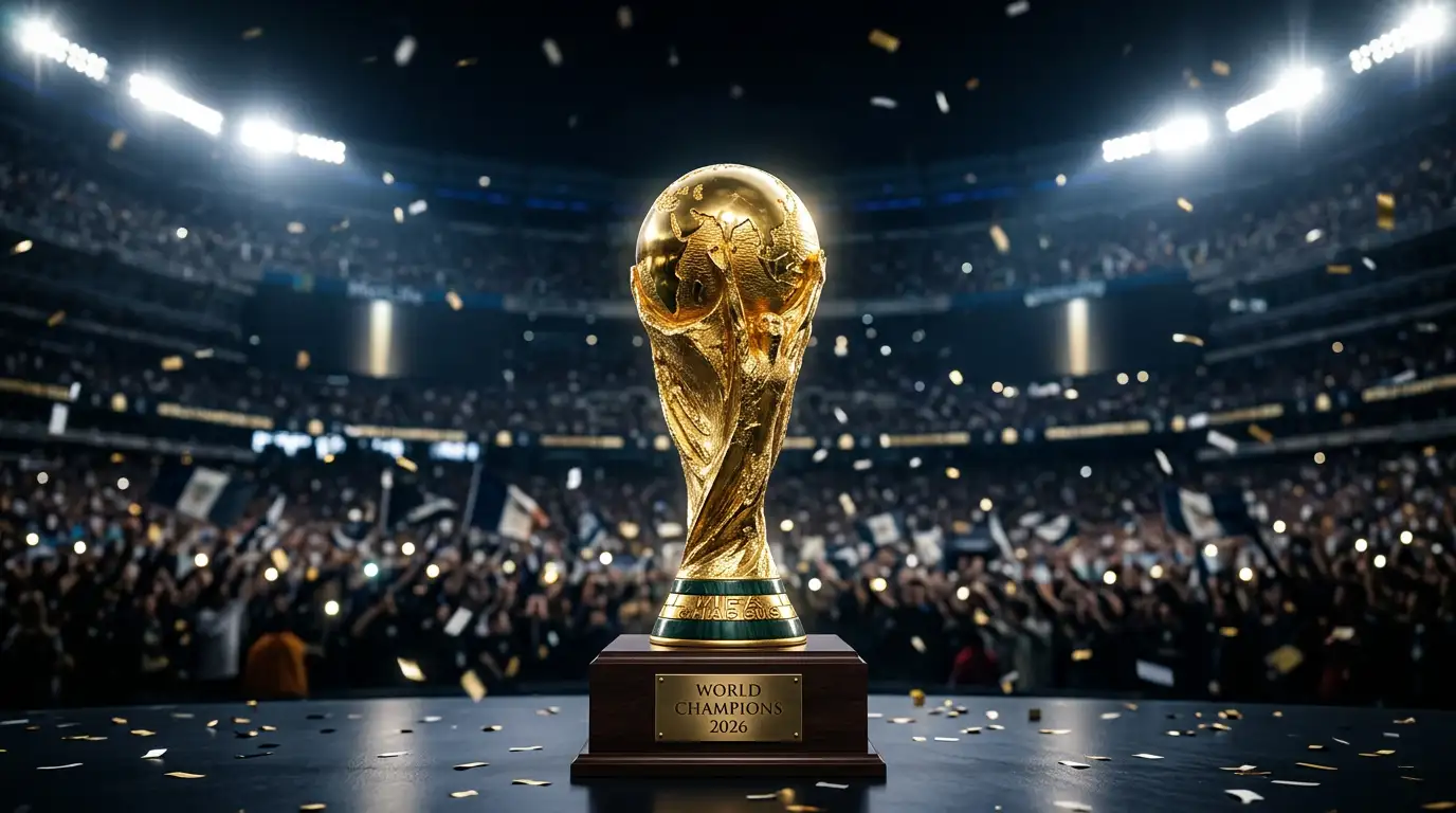 Der WM-Pokal unter den Flutlichtern des Stadions