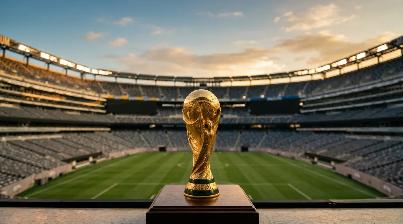 Der WM-Pokal vor dem Finale 2026 im MetLife Stadium bei New York