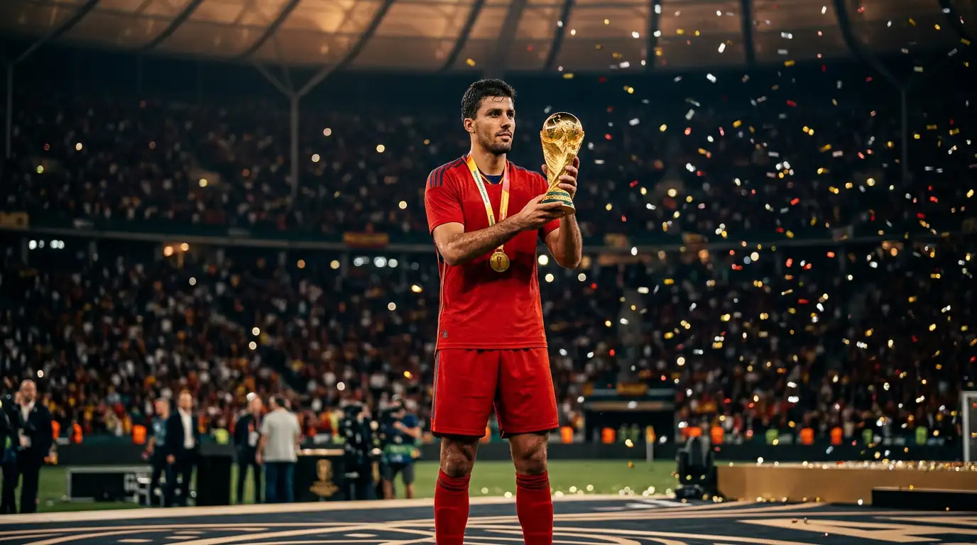 Rodri hält die Auszeichnung als bester Spieler der WM 2026 in die Höhe