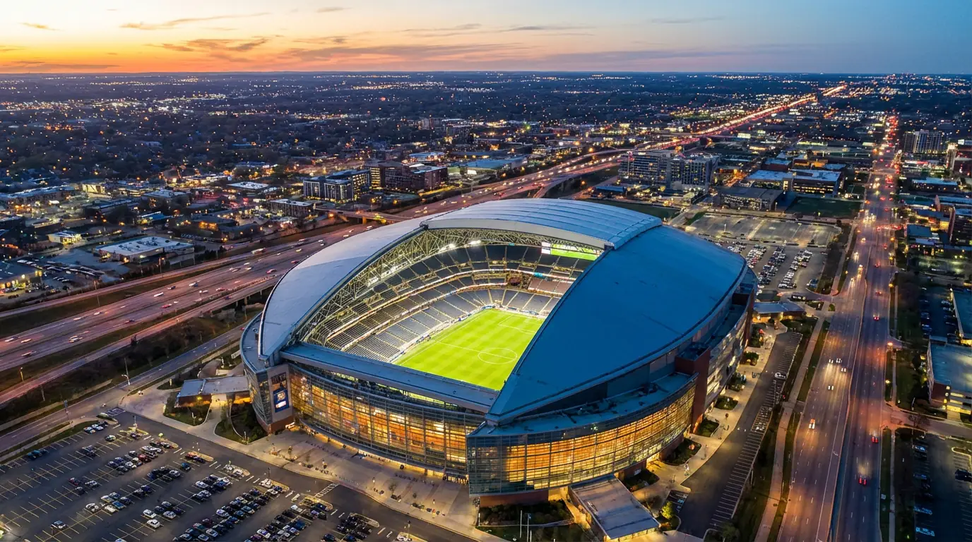 Karte der 16 WM-2026-Stadien in den USA, Mexiko und Kanada mit Stadionnamen und Austragungsorten