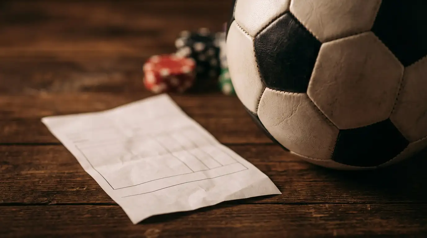Ein Wettschein neben einem Fußball unter gedämpftem Licht